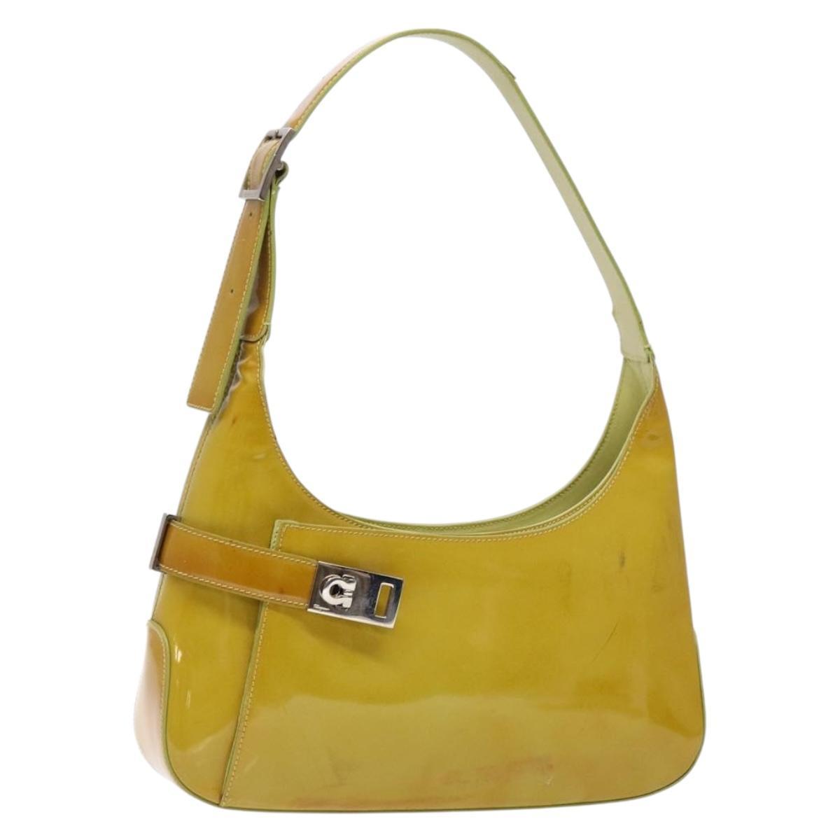 Salvatore Ferragamo Gancini Bag Patent Leather Yellow Silver Auth 139287